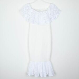 NWT ASOS Womens Eyelet Ruffle Off Shoulder Trumpet Midi Dress Size 0 White Bride